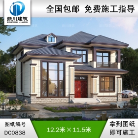 新中式二層帶陽臺別墅效果圖及施工圖紙_農(nóng)村兩層自建房設(shè)計(jì),鼎川建筑